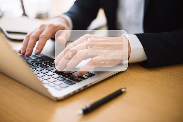 Man's hands on the keyboard, in the foreground is a password entry window