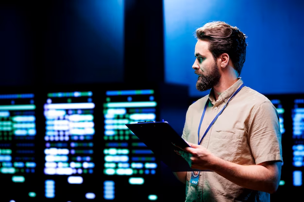 Man with a folder in his hands among computers